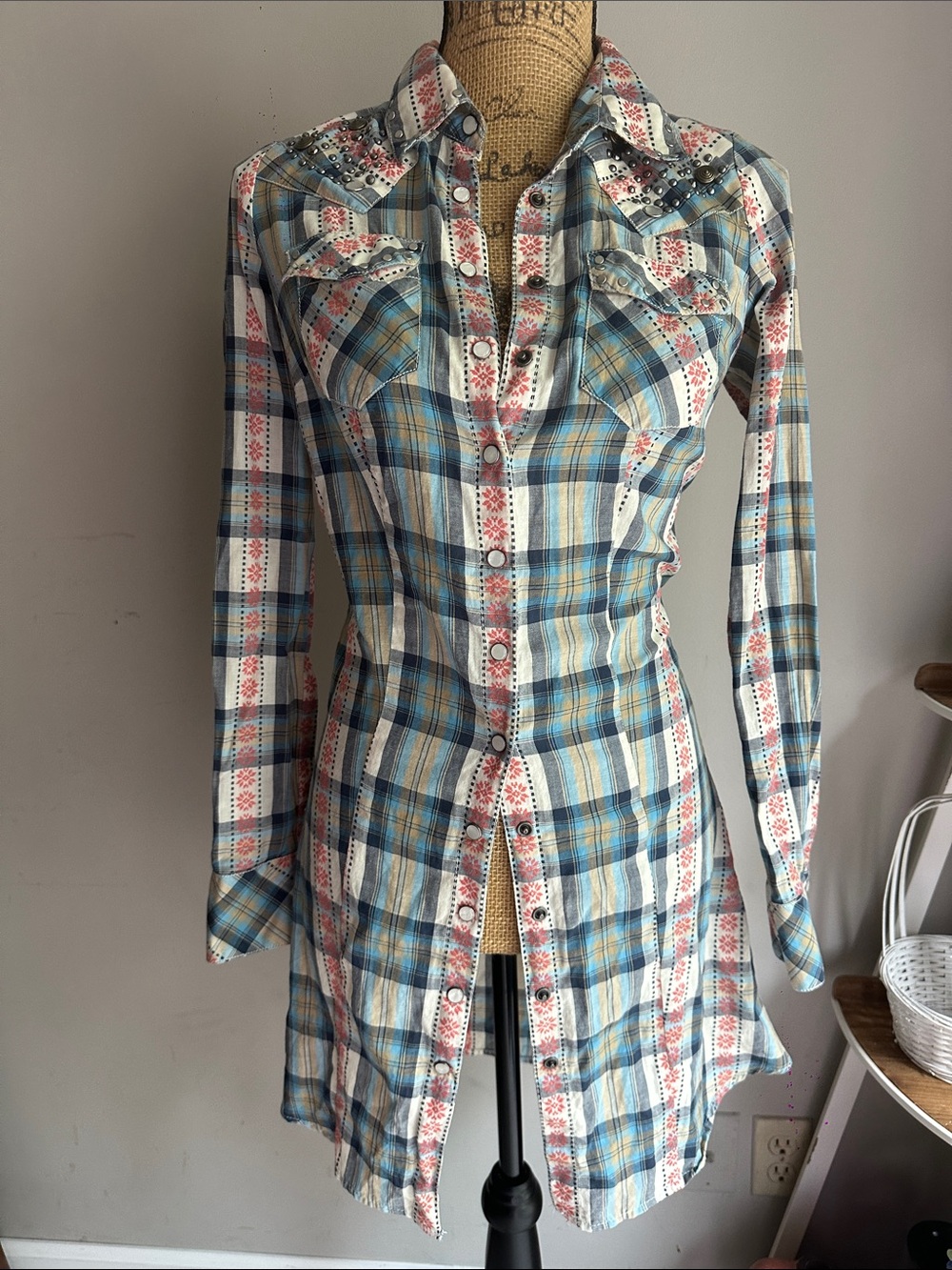 Guess Plaid Longline Button-Down Shirt Dress in Blue, Cream and Pink
